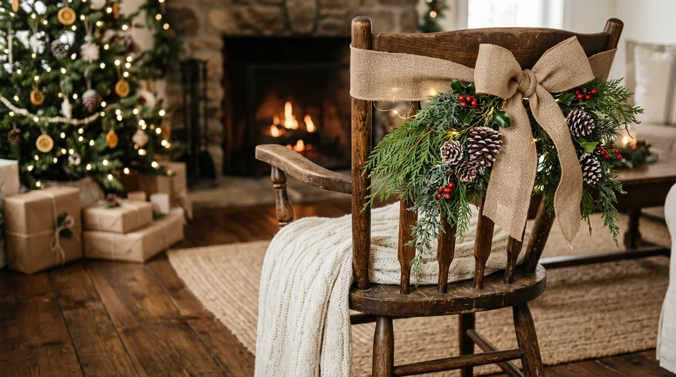 A rustic wooden chair decorated with burlap ribbon pinecones and greenery warm lighting cozy farmhouse Christmas style no people