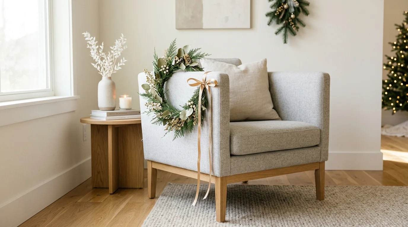 A modern chair with a minimalist wreath and subtle gold ribbon bright soft lighting clean elegant holiday decor no people