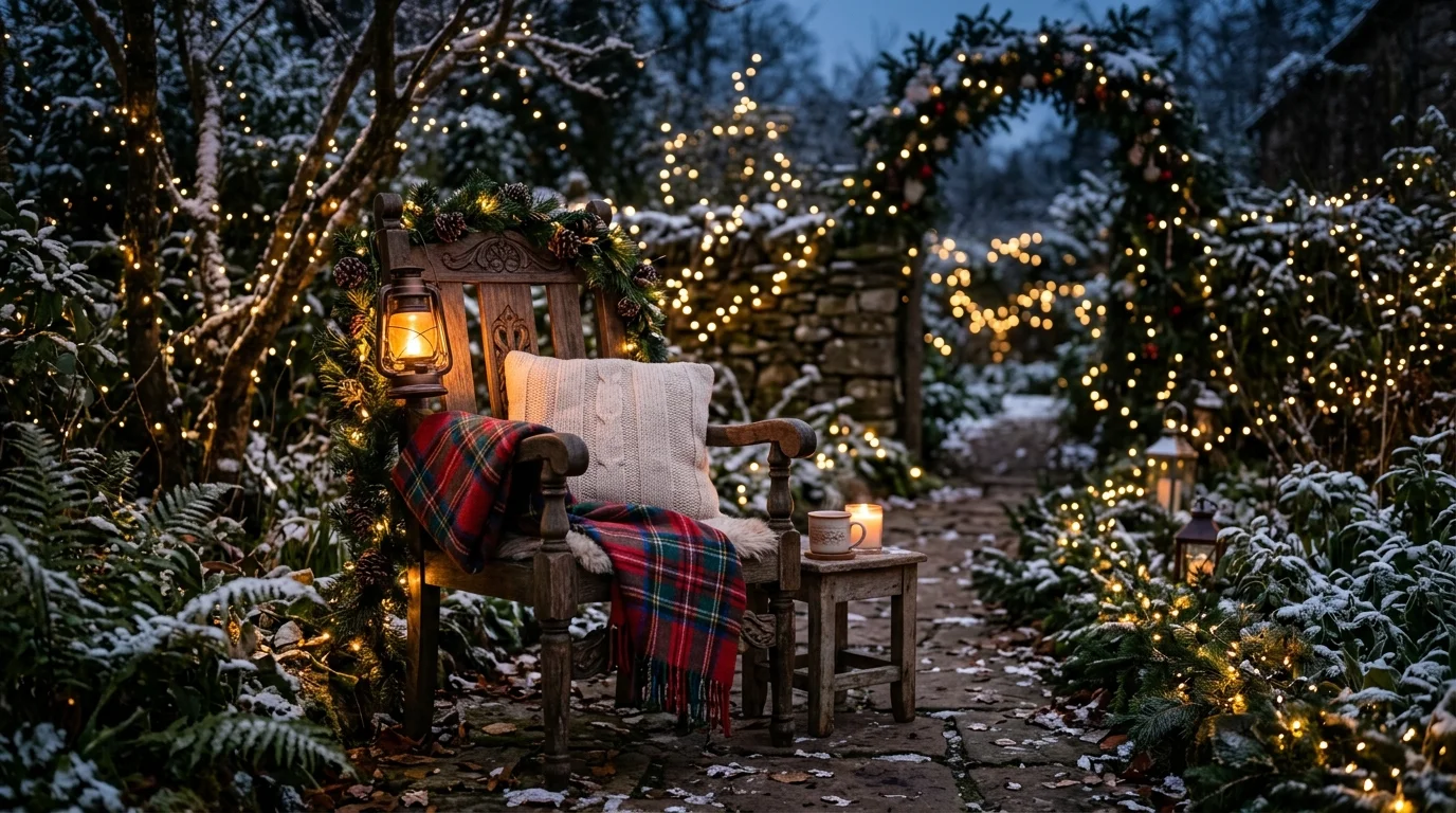 A chair with a small lantern attached to the back casting a warm glow soft lighting magical festive seating arrangement no people