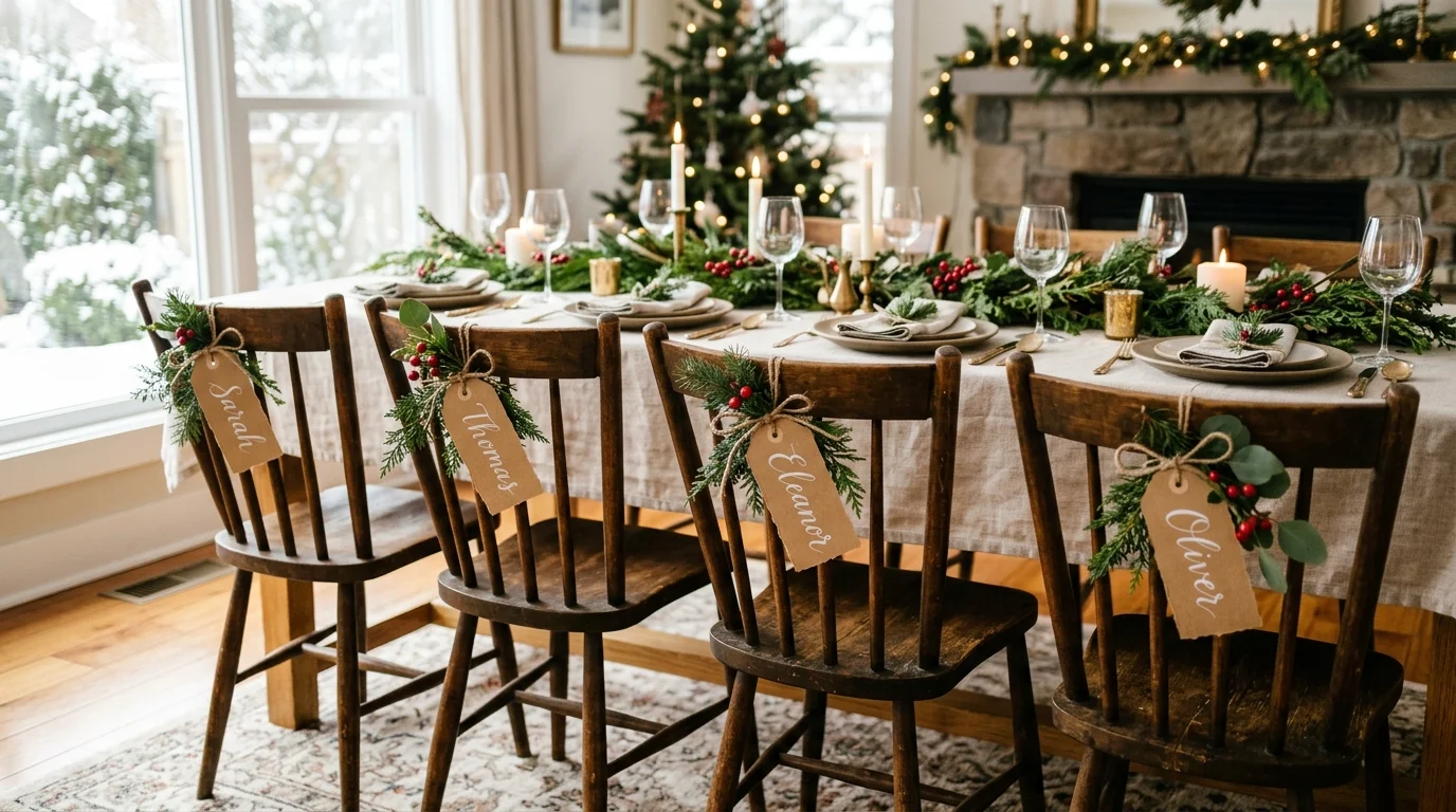 A set of chairs with decorative name tags tied with twine and greenery sprigs bright natural light personalized holiday table setting no people