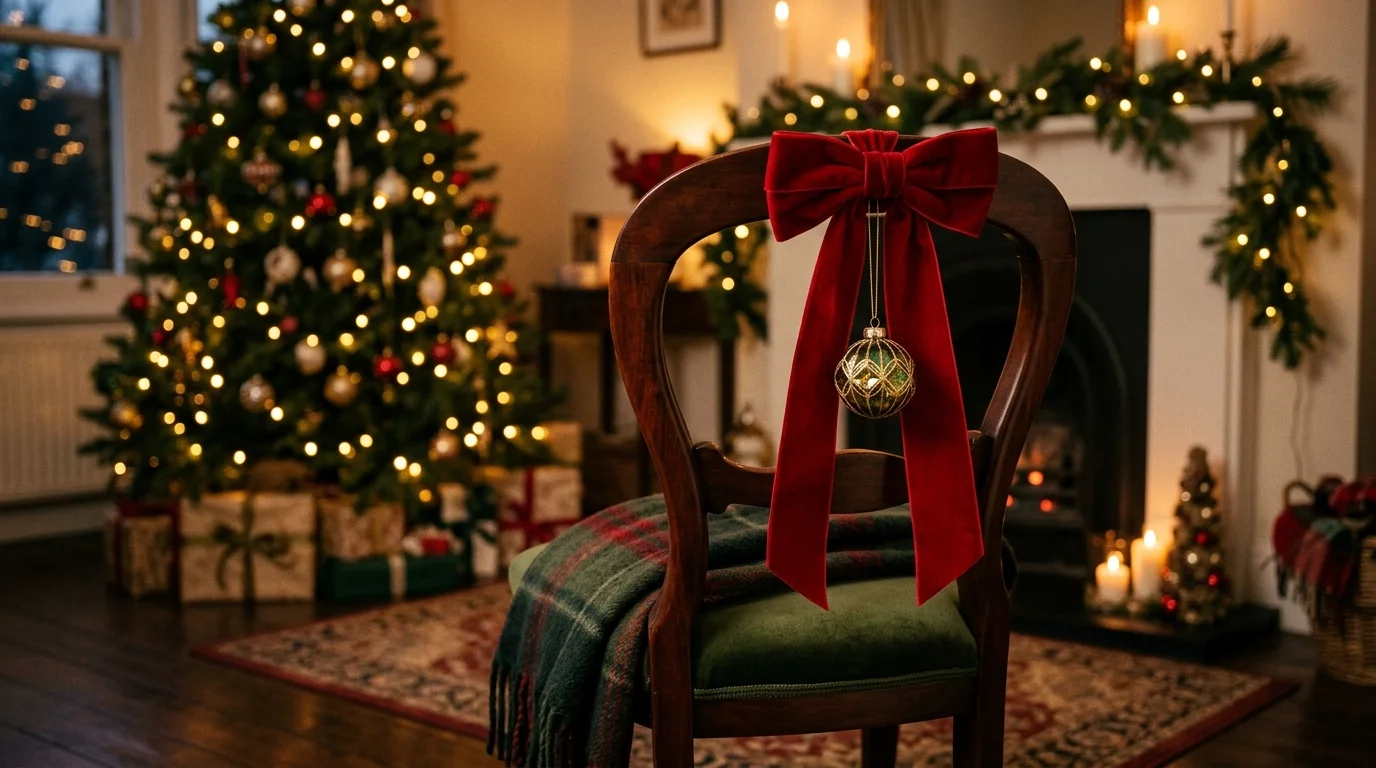 A chair decorated with a red velvet bow and a small ornament hanging in the center warm soft lighting classic Christmas elegance no people