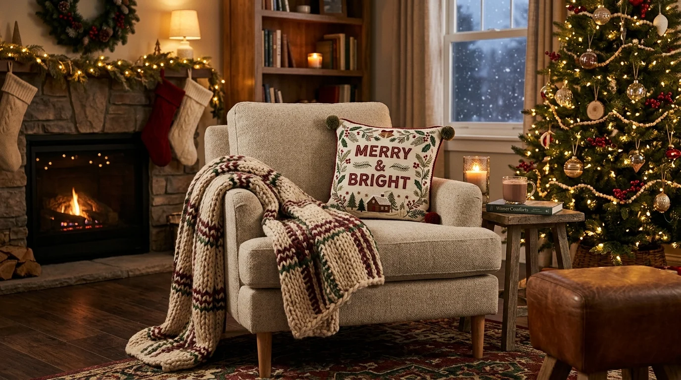 A cozy chair with a soft throw blanket and a festive pillow placed on the seat warm lighting inviting seasonal comfort no people