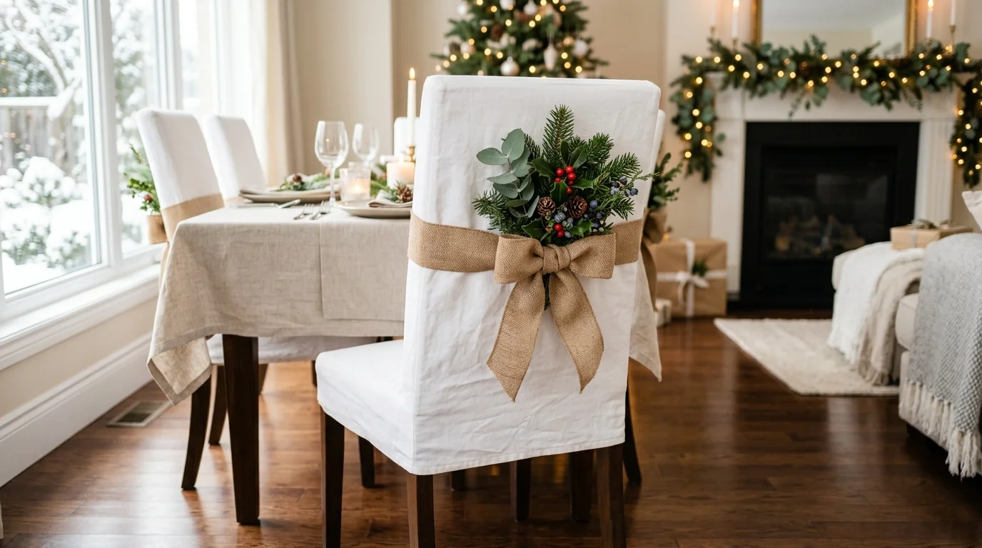 A dining chair styled with white fabric cover and a tied ribbon with greenery accent bright lighting elegant holiday seating design no people