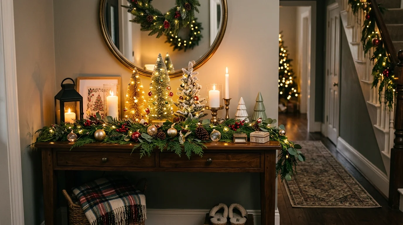 A console table in a hallway styled with candles mini Christmas trees and ornaments glowing softly in warm light cozy holiday ambiance no people