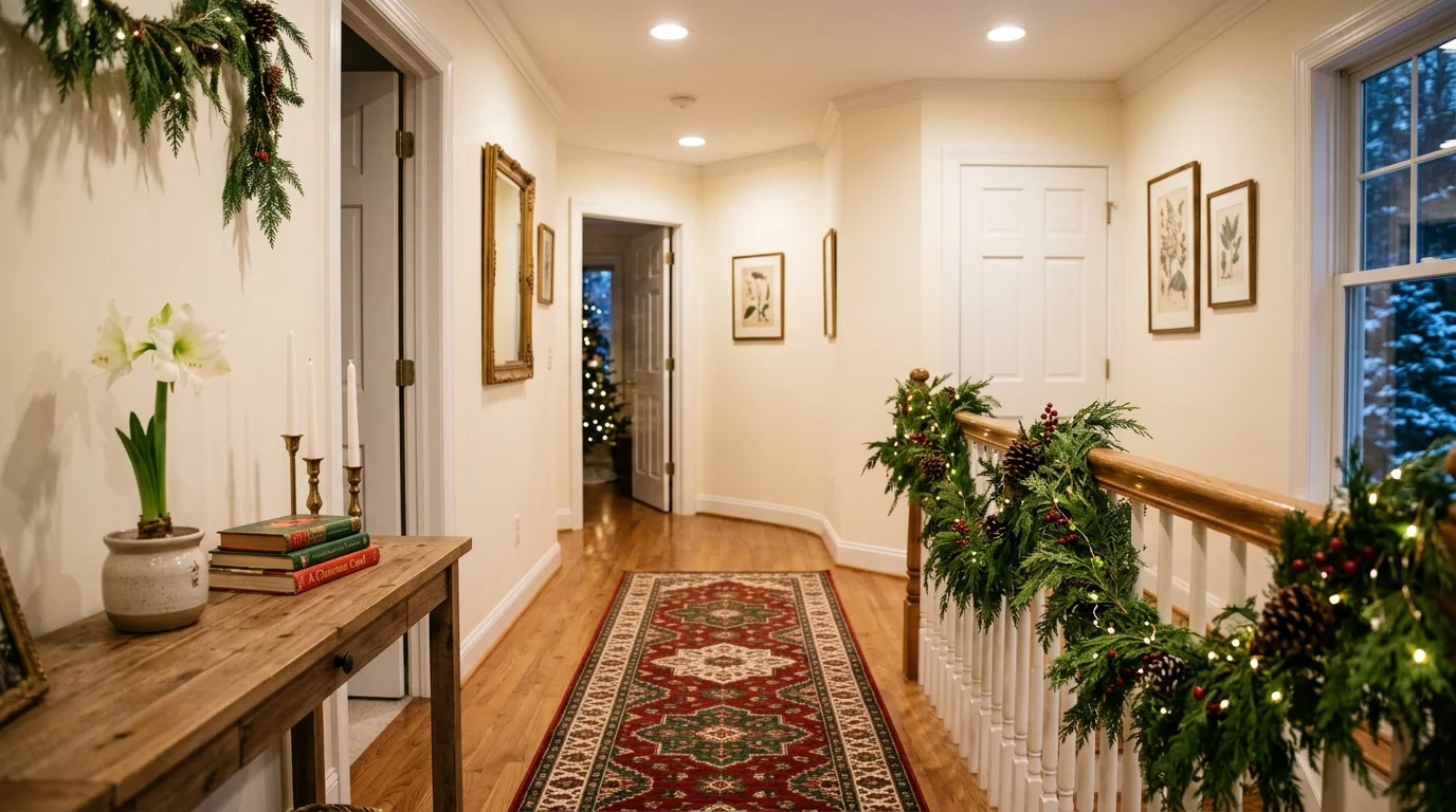 A hallway with a runner rug in festive colors paired with garlands and subtle decor accents bright soft lighting inviting seasonal look no people