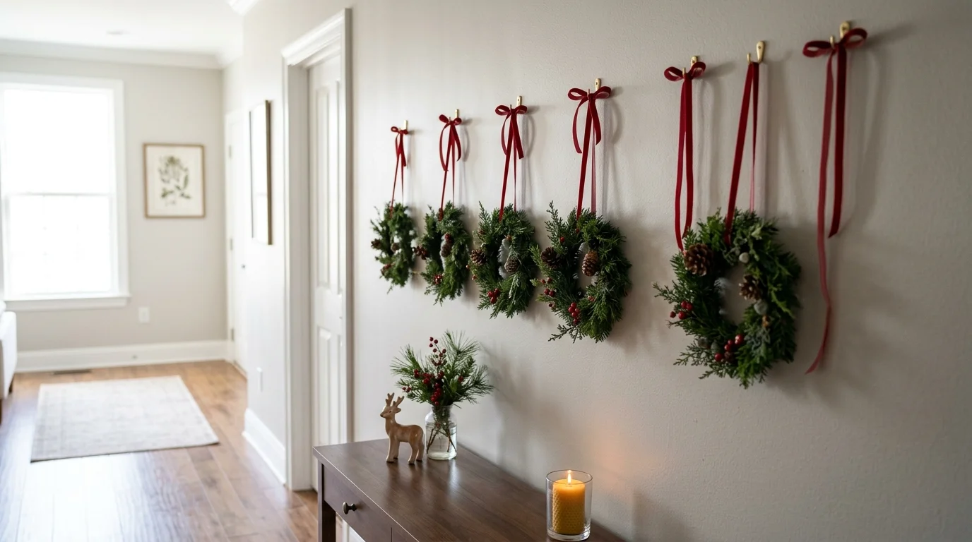 A wall in the hallway decorated with a series of small wreaths hung evenly with ribbons bright natural lighting elegant Christmas display no people