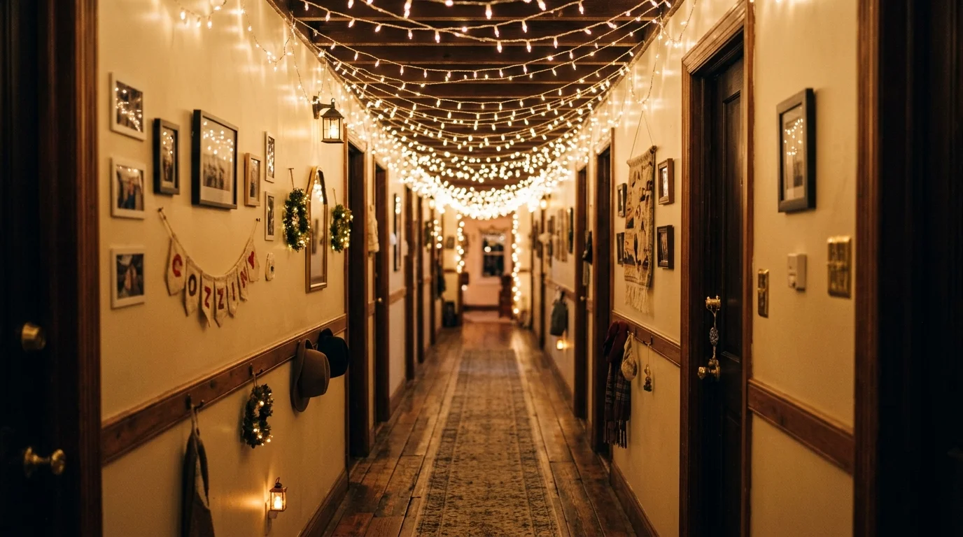 A narrow hallway with string lights draped along the ceiling creating a warm glowing path soft lighting magical festive atmosphere no people