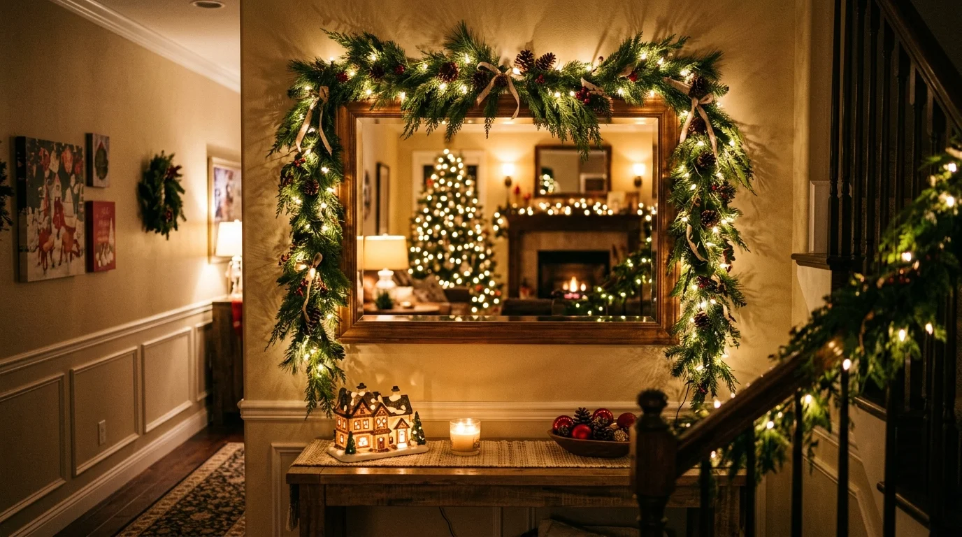 A hallway mirror framed with greenery garland and twinkling lights reflecting a warm holiday glow cozy inviting decor no people