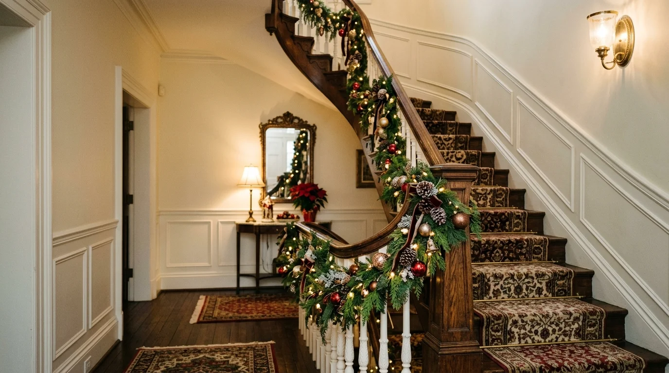 A staircase hallway decorated with garlands pinecones and ornaments wrapped around the banister warm soft lighting classic Christmas charm no people