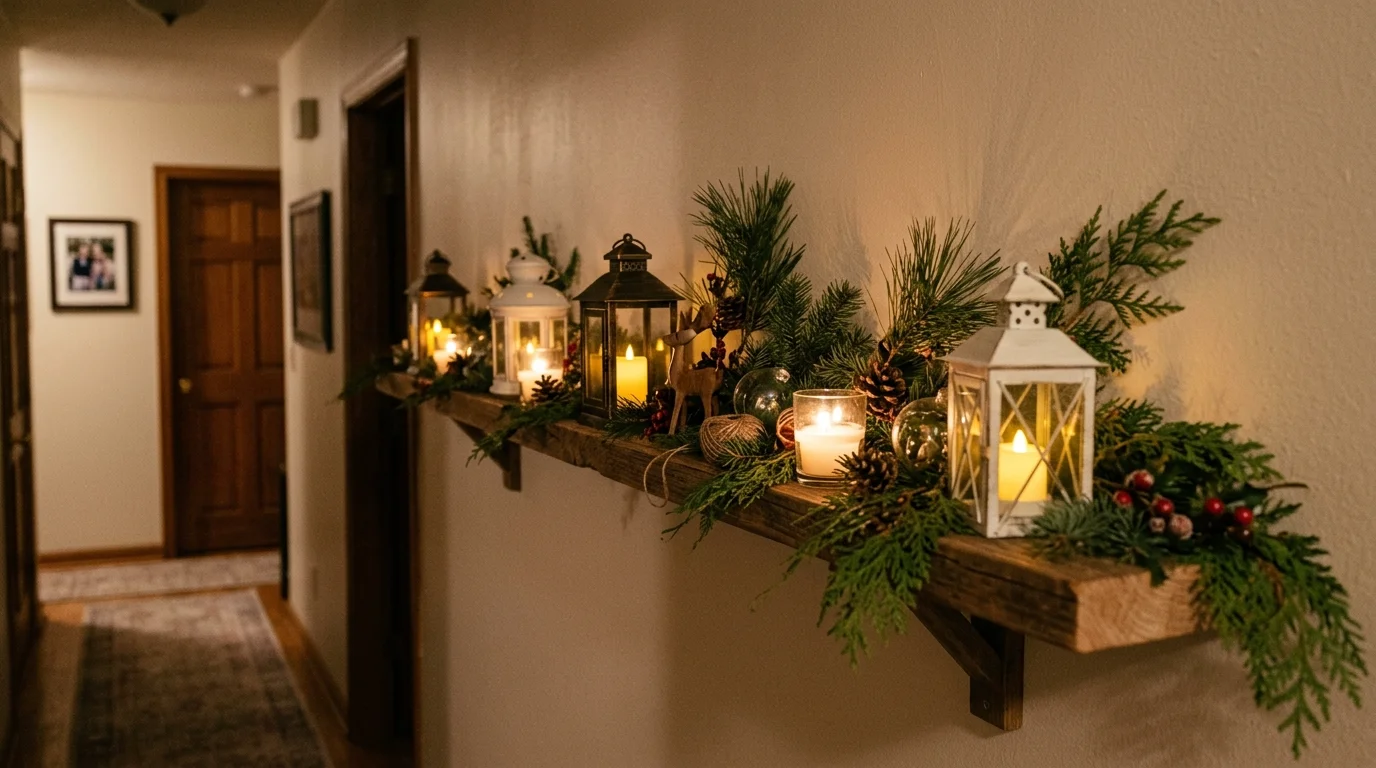 A hallway shelf decorated with small lanterns candles and evergreen branches soft warm lighting simple festive styling no people