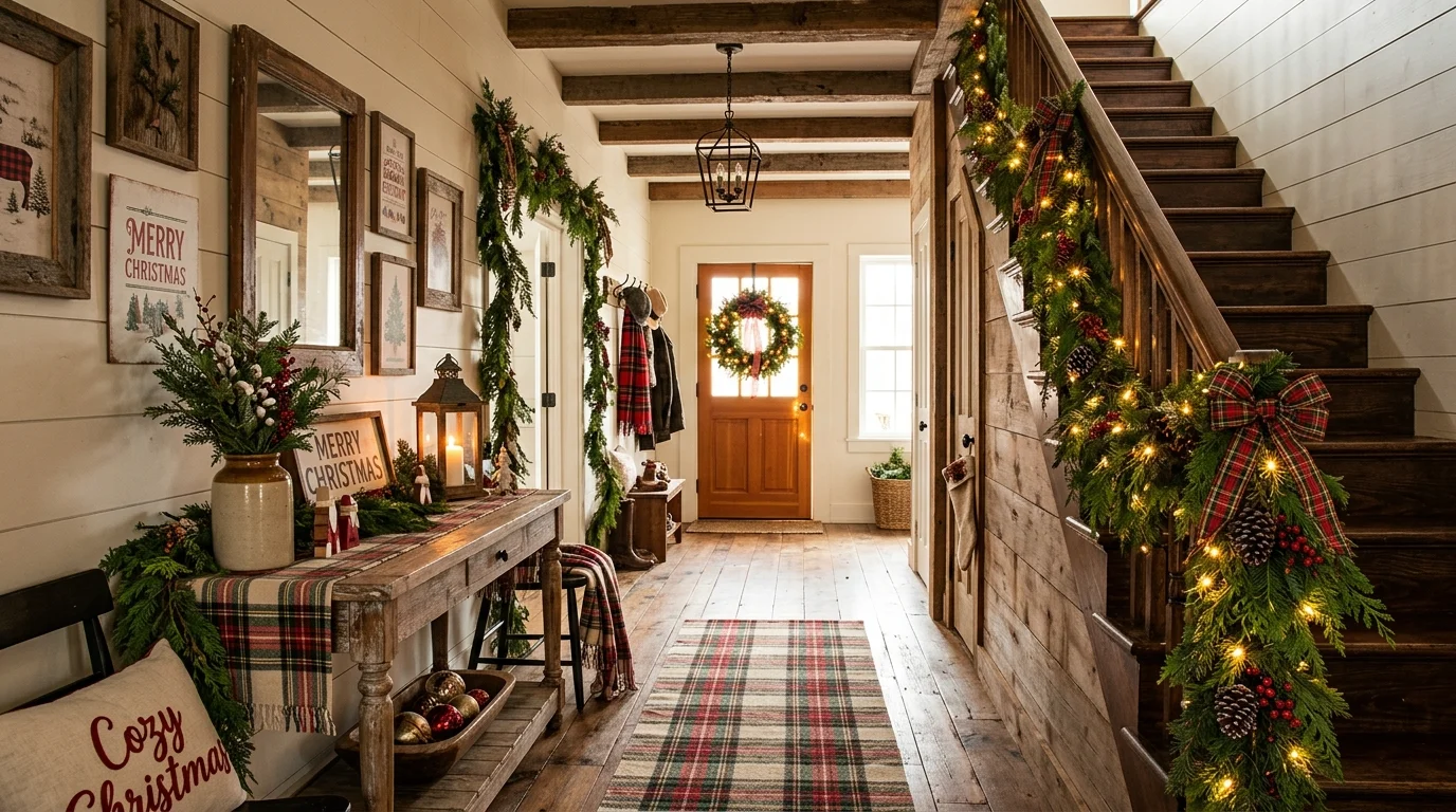 A farmhouse style hallway with wooden accents garlands and plaid decor elements warm lighting cozy rustic holiday feel no people