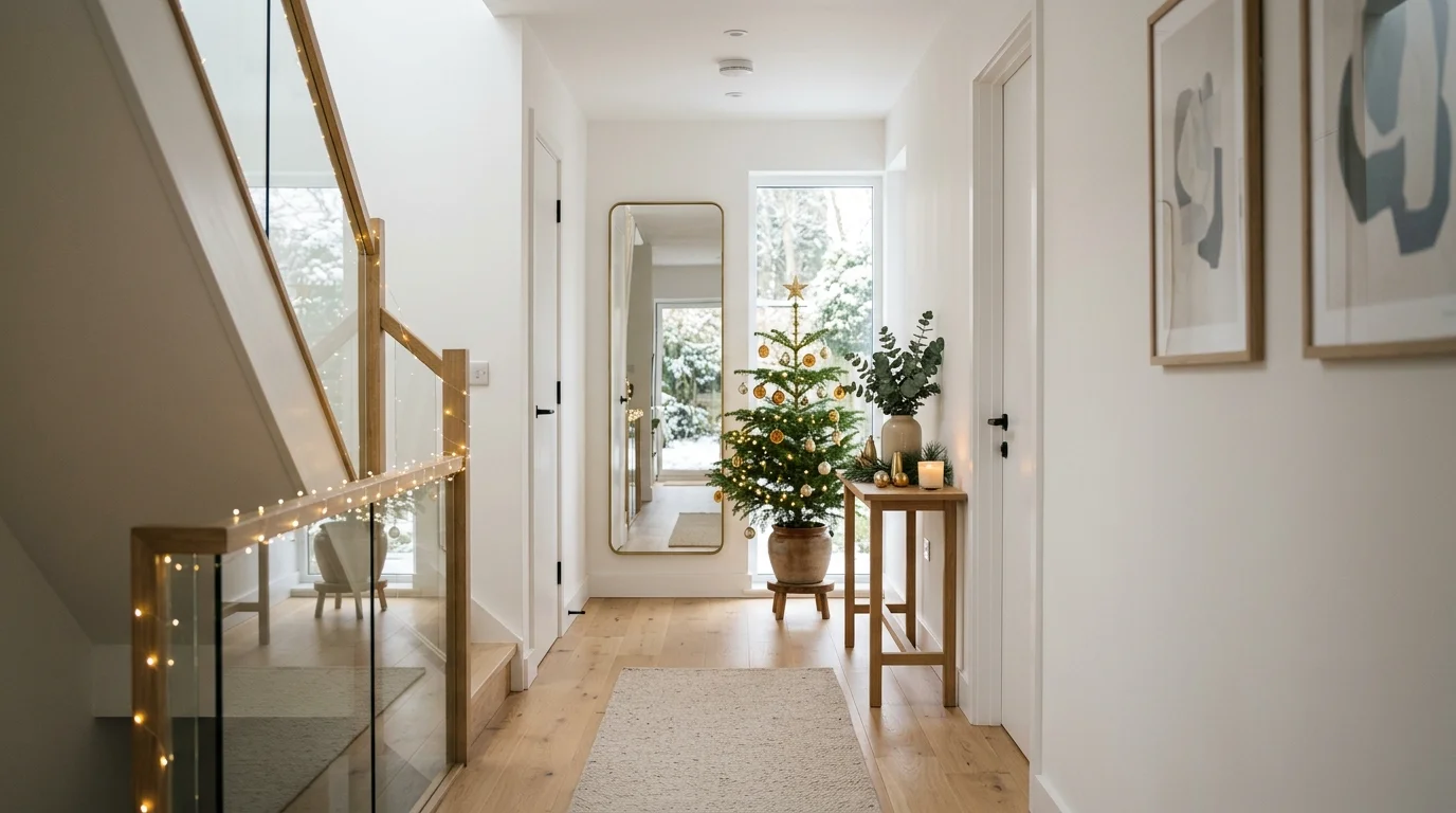 A modern hallway with minimal Christmas decor including a small tree and subtle lights bright soft lighting clean elegant holiday design no people