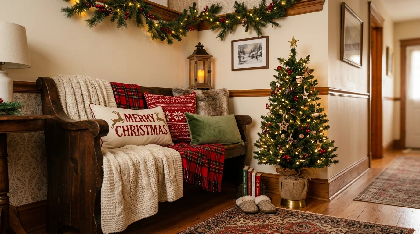 A hallway corner with a decorative bench layered with blankets and pillows alongside a mini Christmas tree warm lighting cozy seasonal nook no people