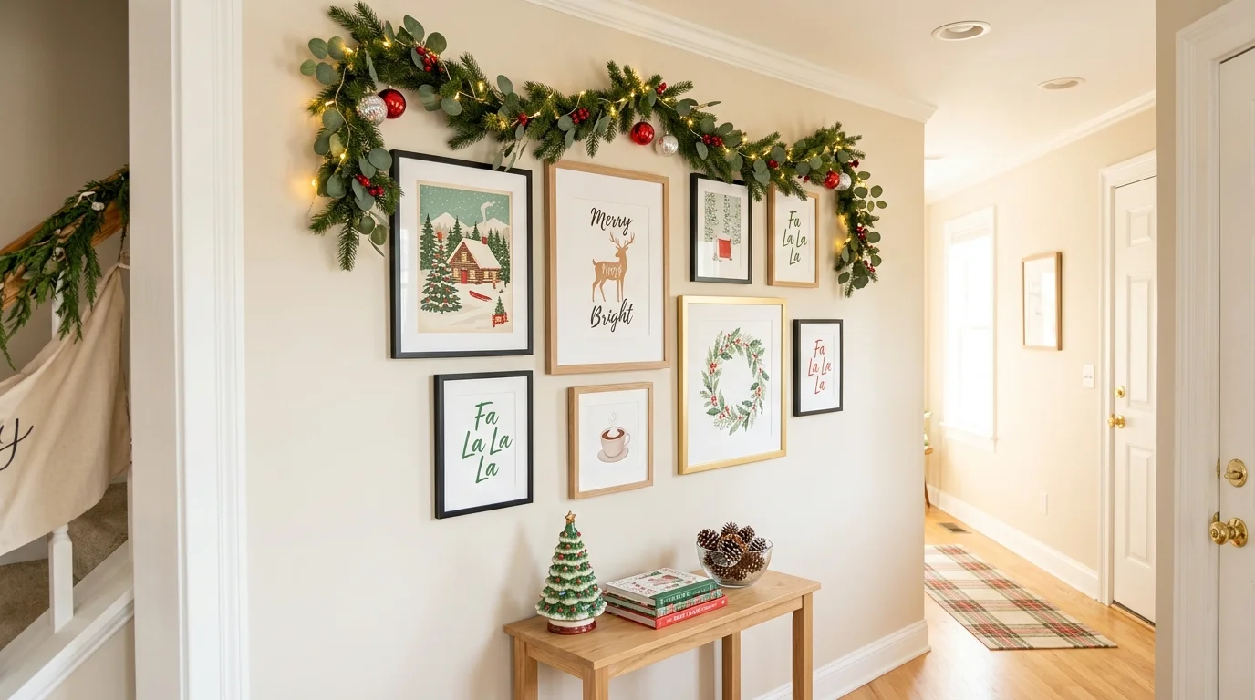 A hallway wall with festive artwork and framed holiday prints arranged neatly bright lighting cheerful seasonal decor no people