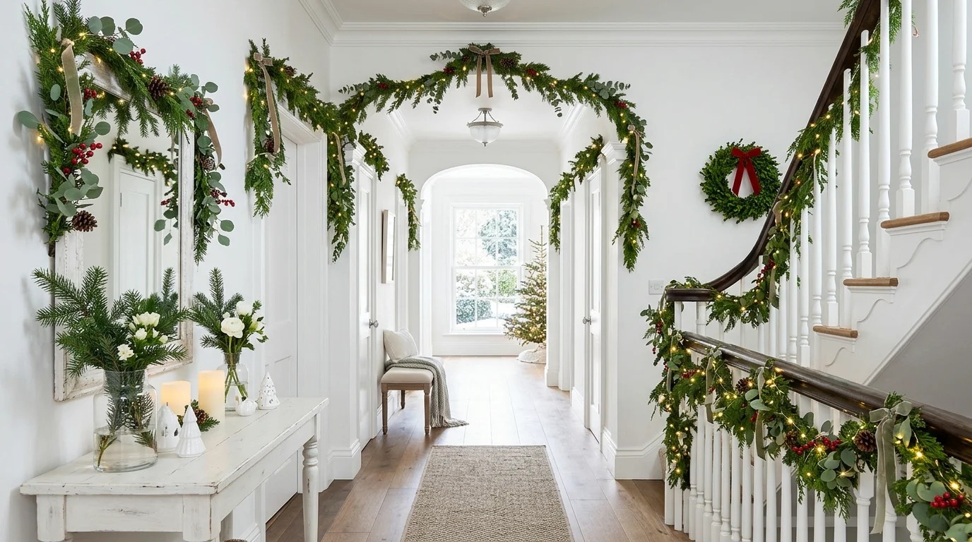 A bright hallway with white decor accented by greenery garlands and soft lights natural daylight fresh airy Christmas atmosphere no people