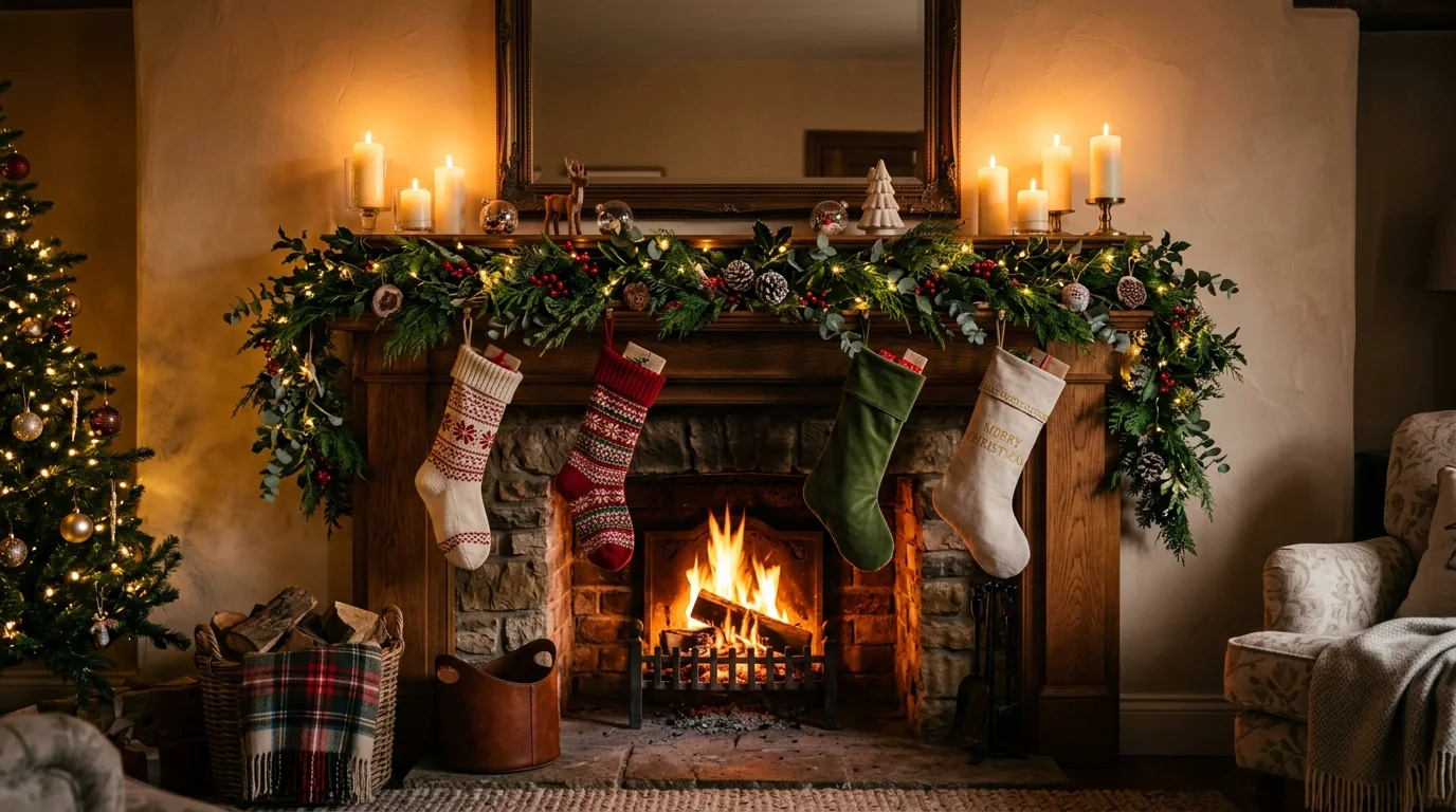 A fireplace mantel decorated with lush green garland stockings and candles casting a warm festive glow cozy Christmas setting no people