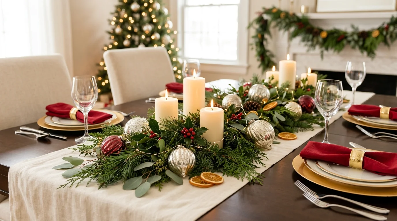 A dining table styled with a festive centerpiece of greenery candles and ornaments bright soft lighting elegant holiday decor no people