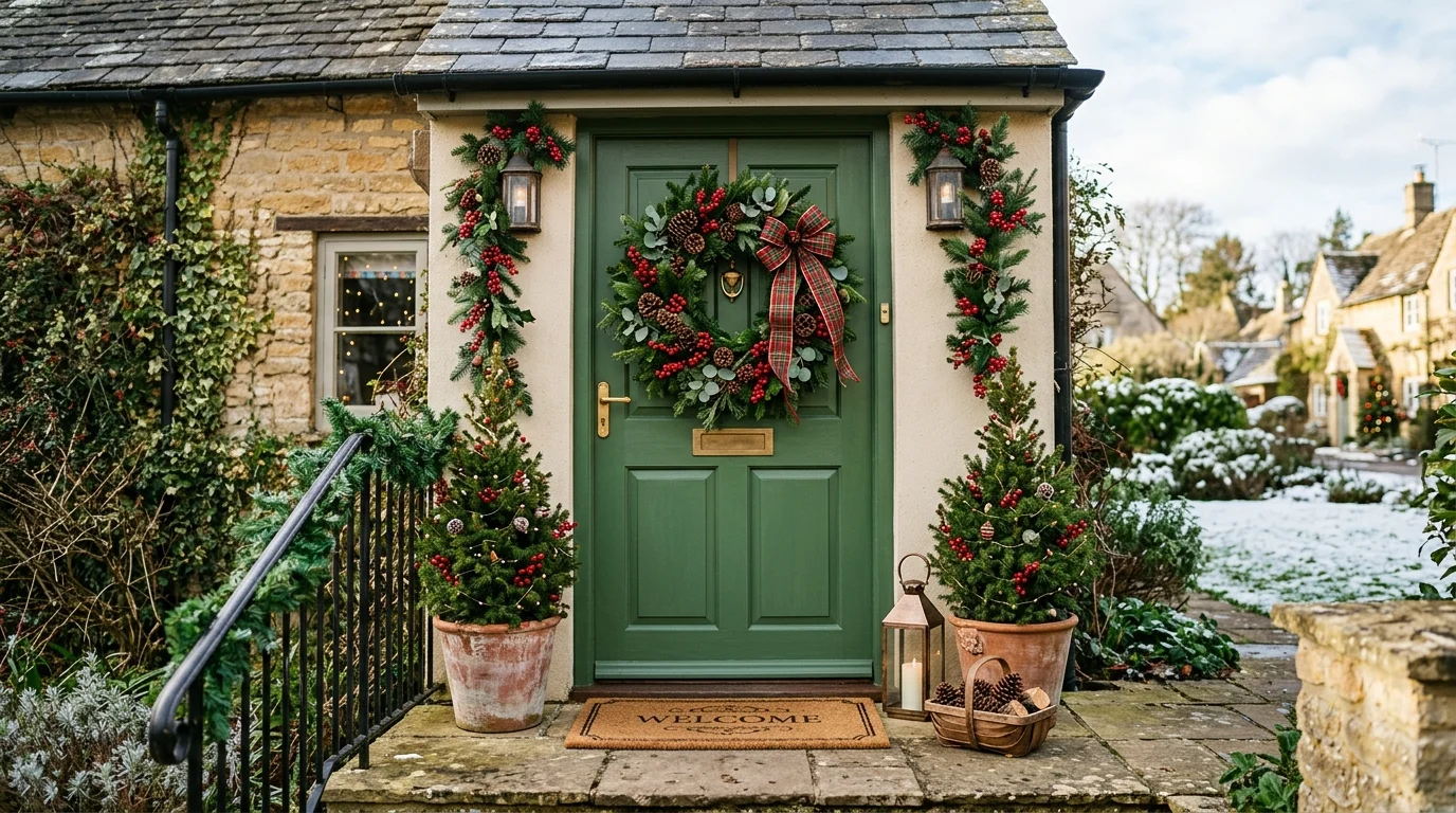 A front door decorated with a wreath featuring pinecones berries and ribbons bright natural daylight welcoming Christmas entrance no people