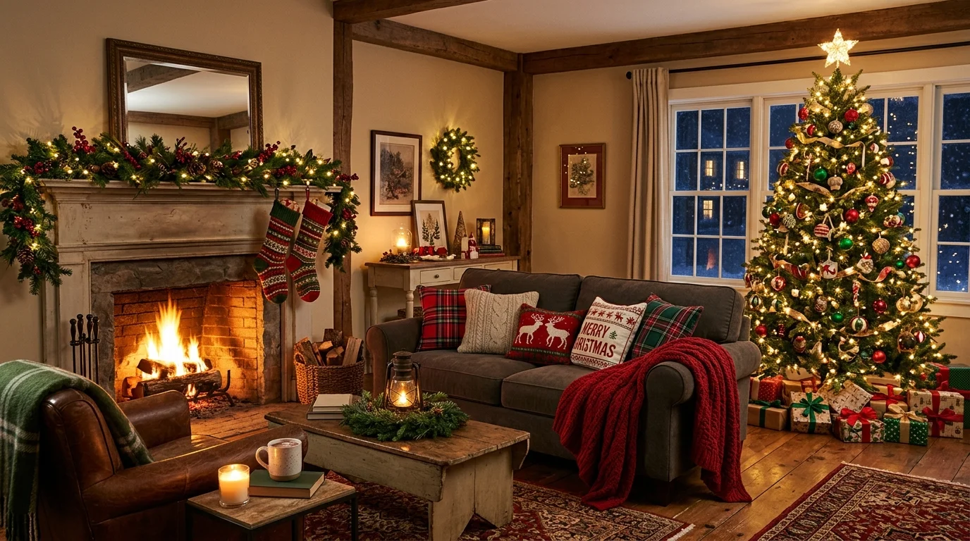 A cozy living room with red and green accents including pillows throws and decor warm ambient lighting classic holiday charm no people