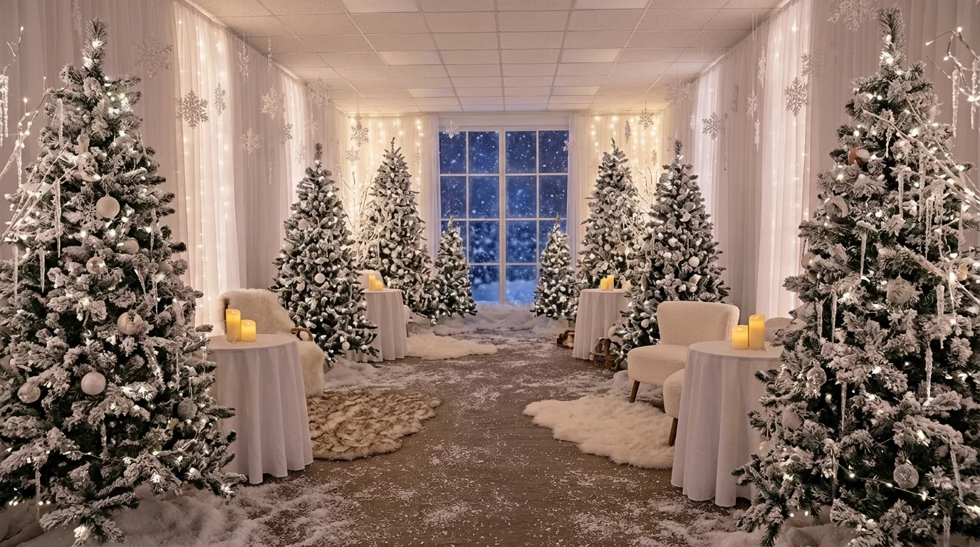 A space with a winter wonderland theme featuring white decor faux snow and soft lighting magical Christmas ambiance no people