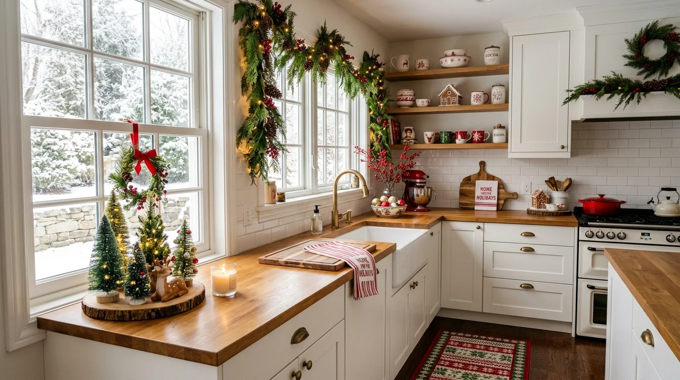 A kitchen with small festive touches including mini trees and holiday accents bright natural daylight cheerful seasonal decor no people