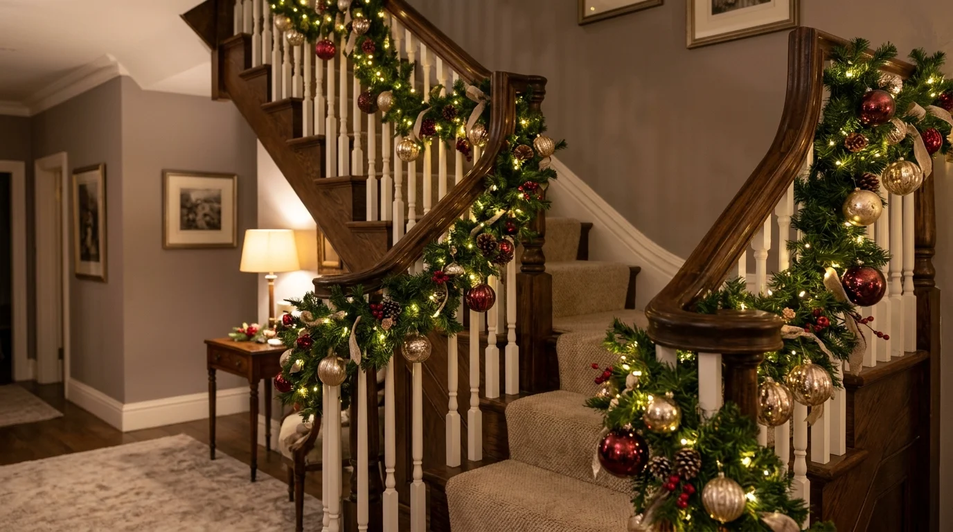A staircase wrapped with garland lights and ornaments soft lighting elegant festive detail no people