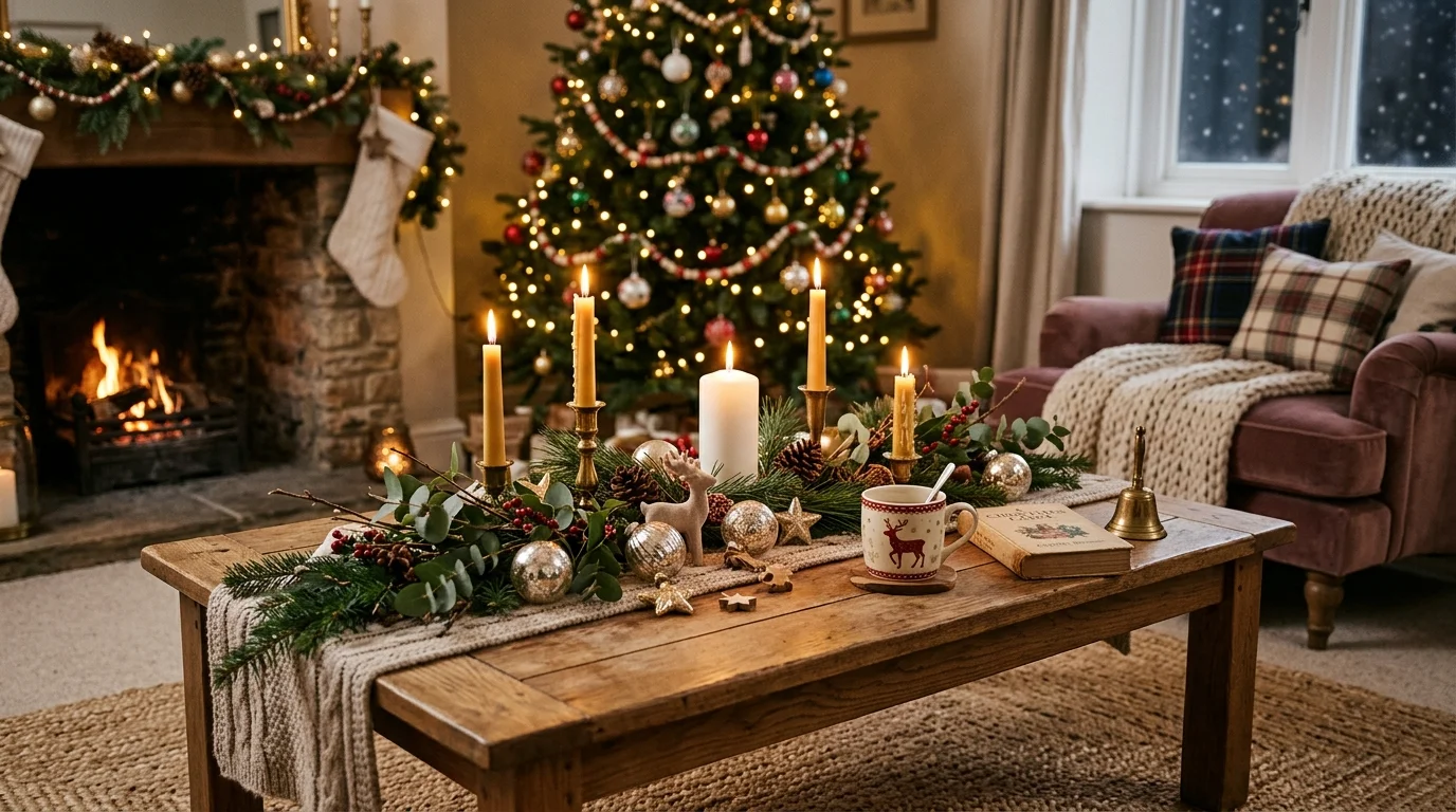 A coffee table styled with candles ornaments and greenery warm lighting cozy holiday focal point no people