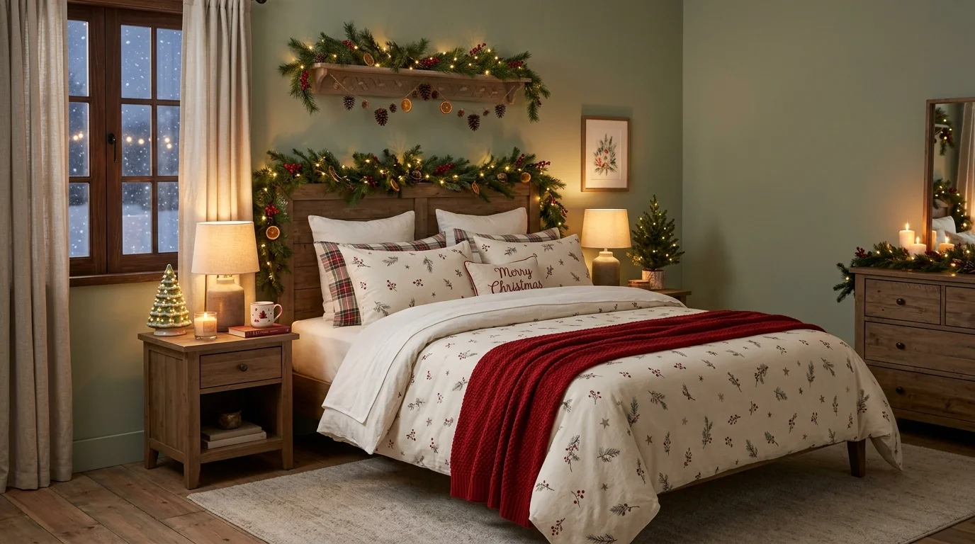 A bedroom decorated with subtle Christmas accents including festive bedding and soft lighting calm holiday retreat no people