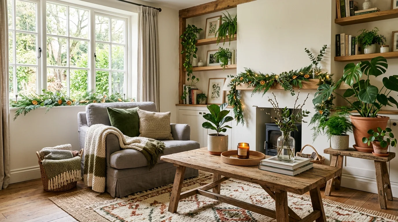 A space with a mix of textures including wood fabric and greenery bright natural daylight layered festive design no people