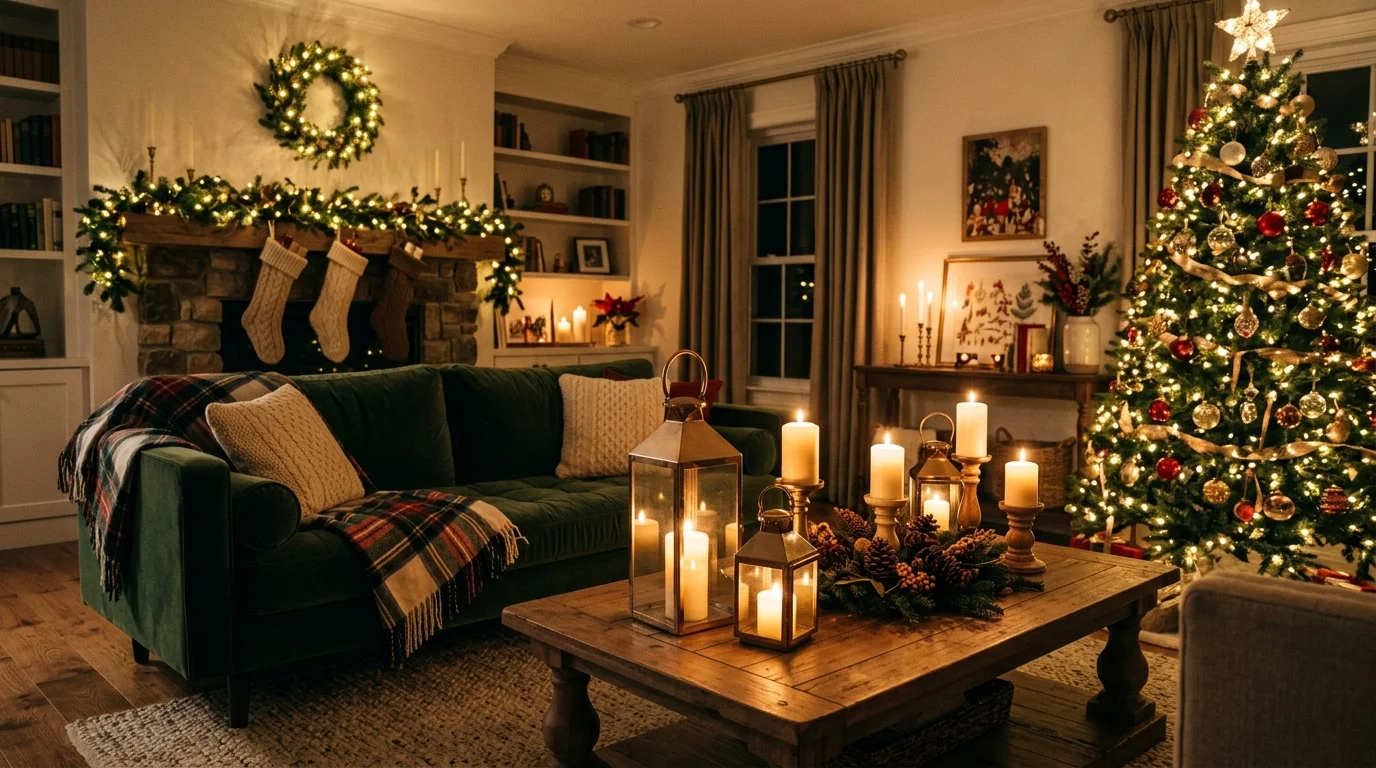 A living room with decorative lanterns and candles placed around creating a warm glow soft lighting inviting Christmas vibe no people