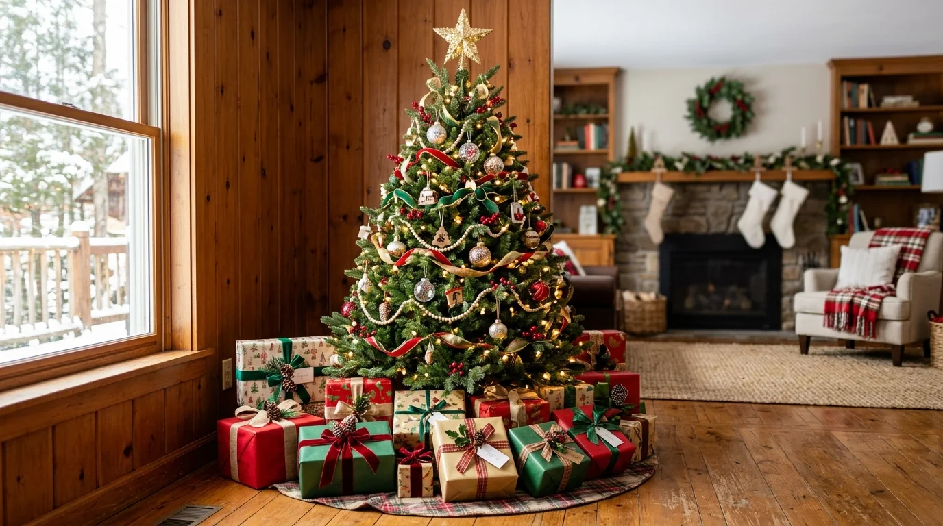 A festive setup with wrapped gift boxes placed under a decorated tree bright natural daylight joyful holiday scene no people