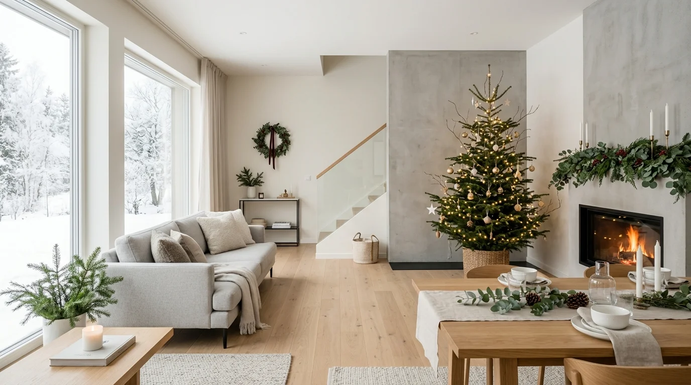 A modern home with minimalist Christmas decor including simple greenery and subtle accents bright soft lighting clean elegant holiday look no people