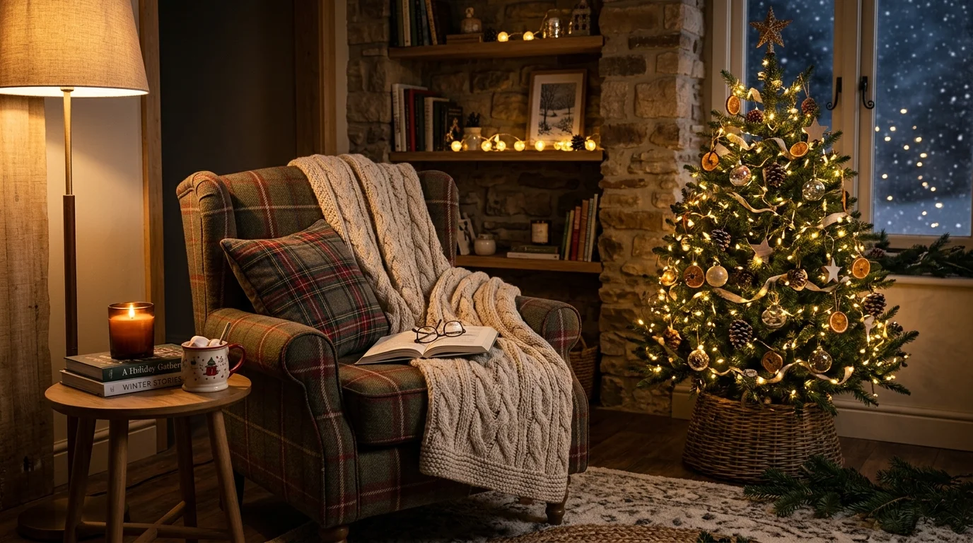 A cozy corner with a chair blanket and small tree decorated with lights warm ambient lighting intimate festive nook no people