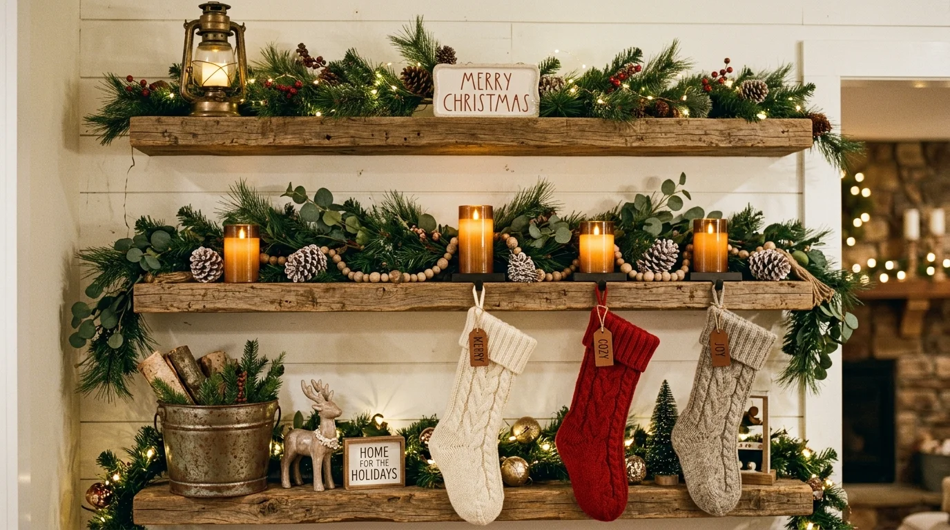 A rustic holiday shelf display with layered wooden shelves decorated with pine garlands, candles, pinecones, and knitted stockings, soft warm lighting, farmhouse Christmas aesthetic, no people