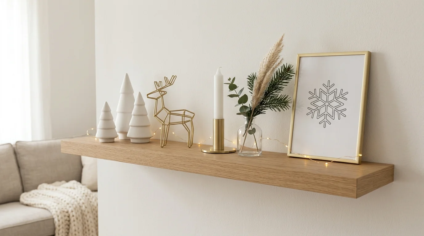 A modern Christmas shelf with minimalist white decor, metallic gold accents, geometric ornaments, and subtle greenery, clean neutral interior, soft ambient lighting, eye-level shot, no people