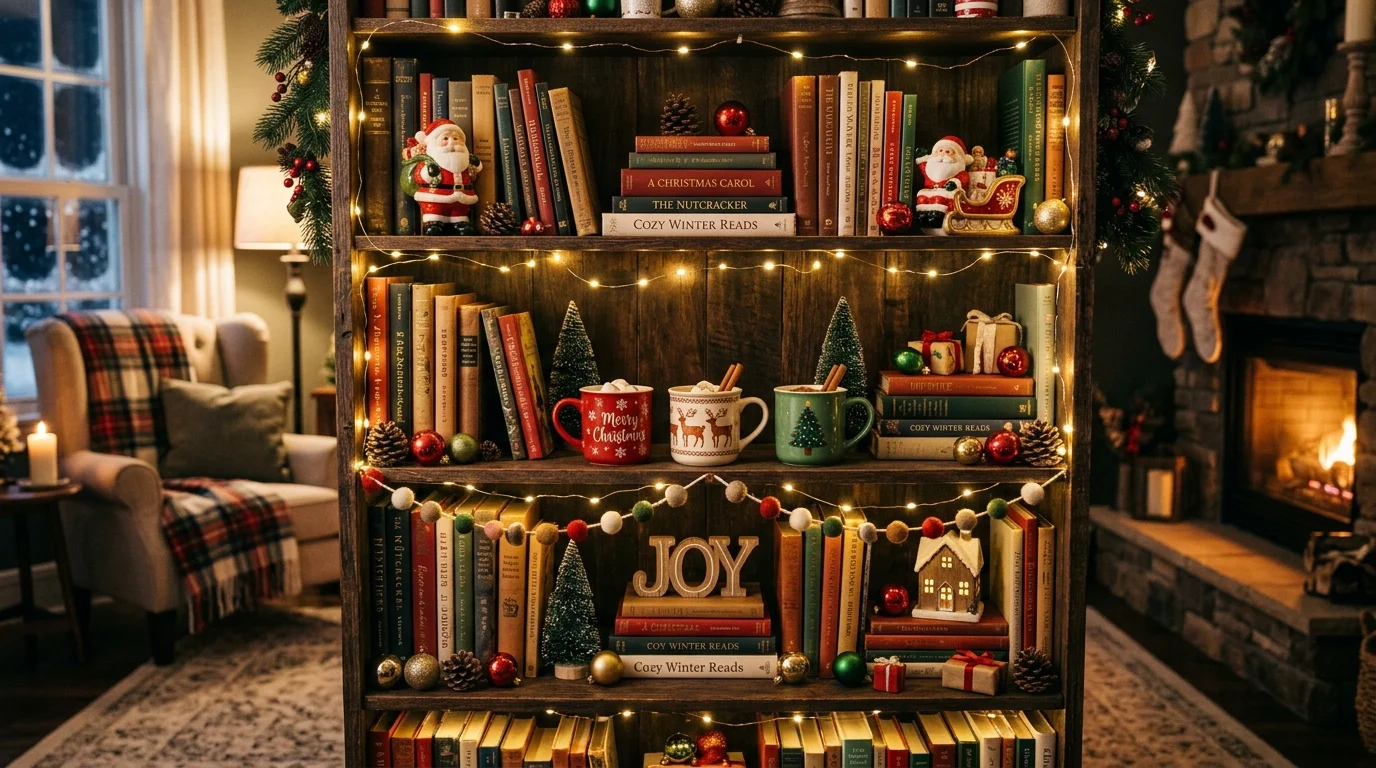 A cozy bookshelf decorated for Christmas with stacked books, small Santa figurines, string lights, and festive mugs, warm inviting glow, homey living room setting, no people