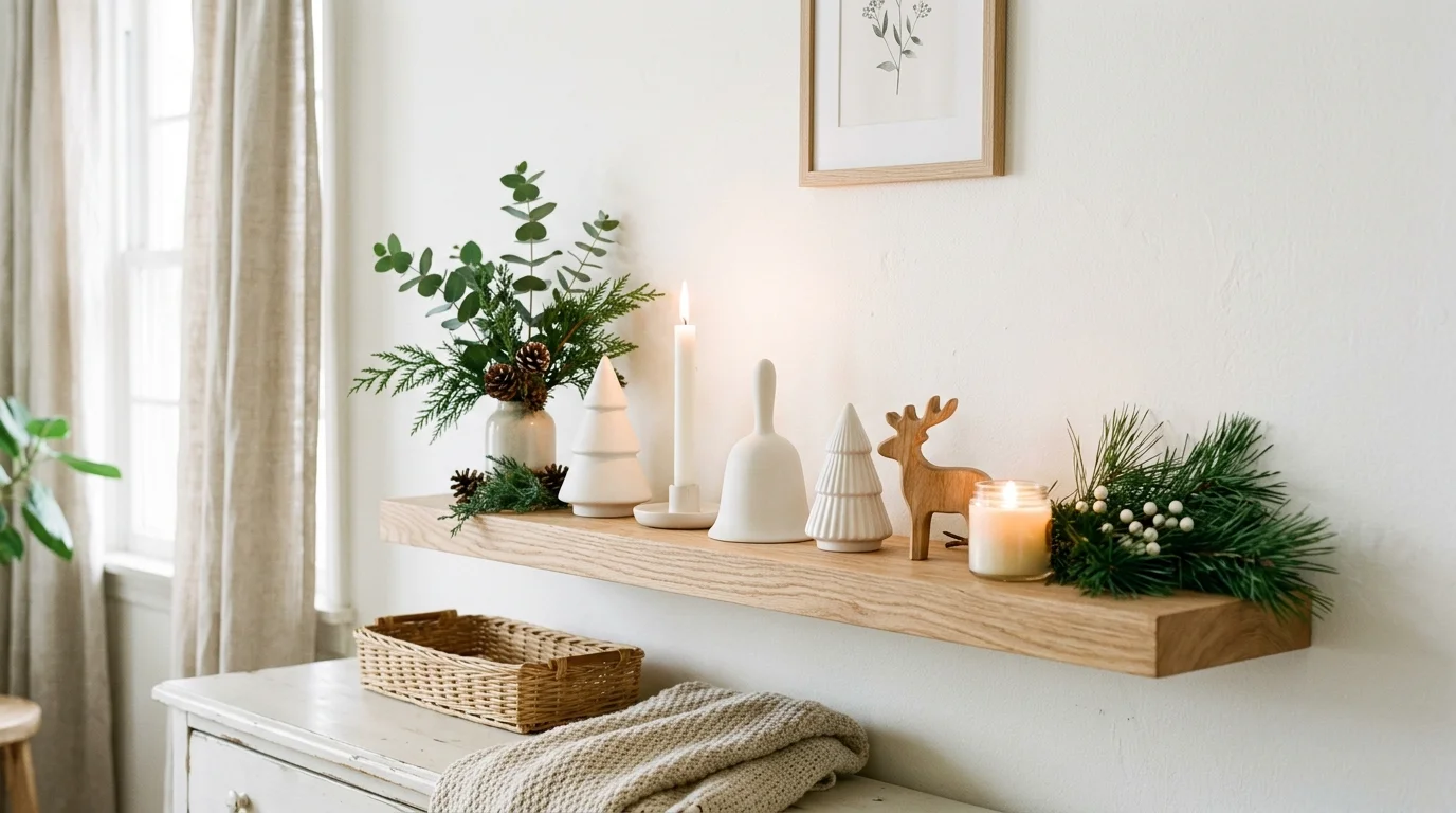 A Scandinavian-style Christmas shelf with natural wood tones, white ceramic decor, simple greenery, and soft candlelight, airy minimal aesthetic, bright natural light, no people