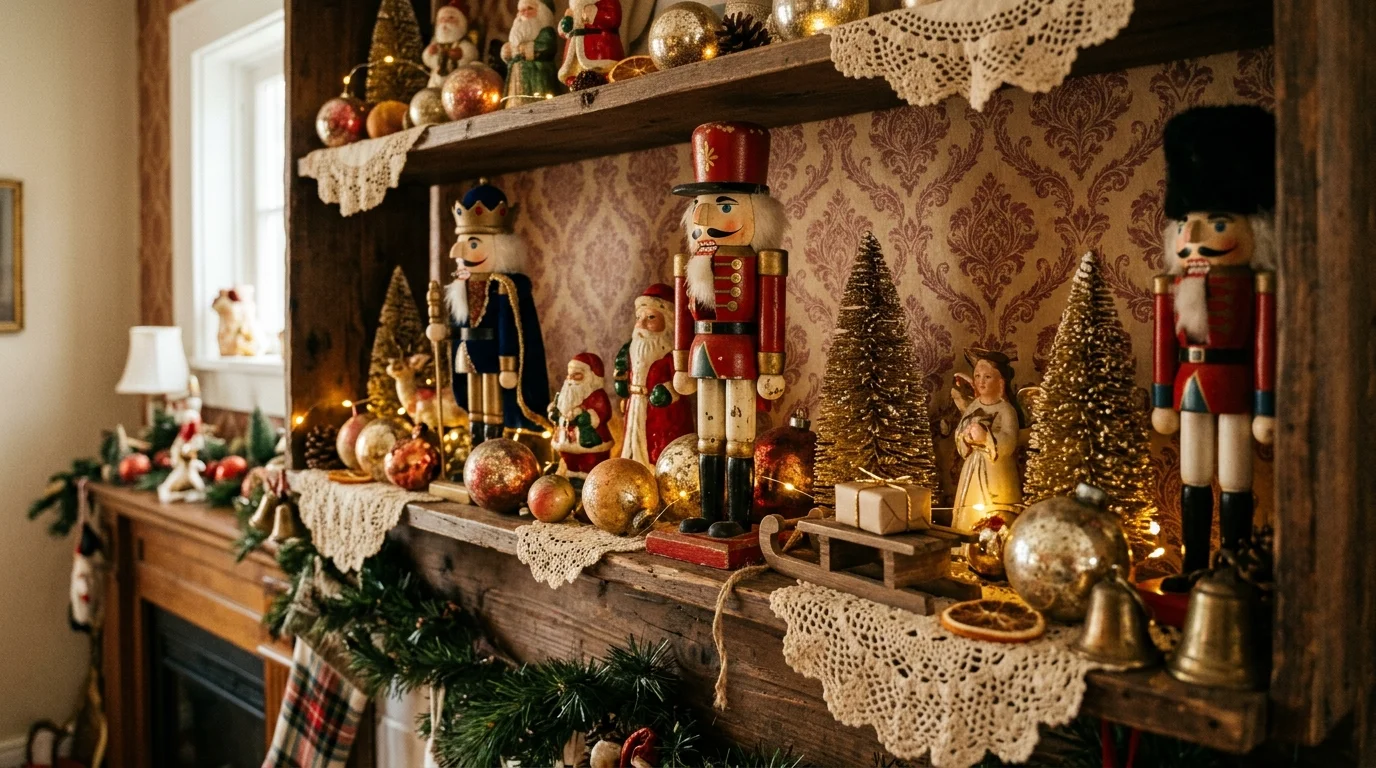 A vintage-inspired holiday shelf with antique ornaments, lace accents, classic nutcrackers, and warm golden tones, nostalgic festive atmosphere, slightly angled shot, no people