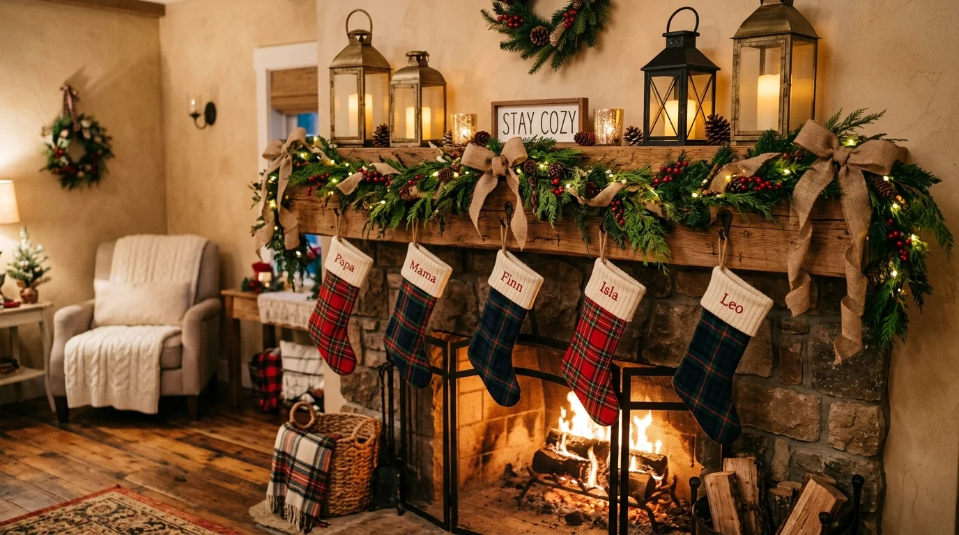 A farmhouse mantel shelf decorated with plaid stockings, burlap ribbons, greenery garlands, and rustic lanterns, warm cozy fireplace glow, no people