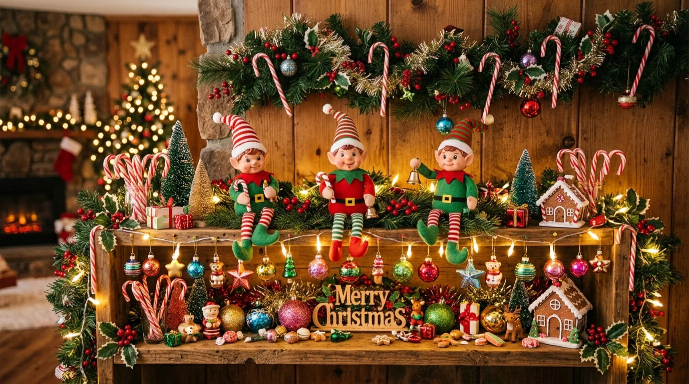 A whimsical Christmas shelf with playful elf figurines, colorful ornaments, candy cane decorations, and bright fairy lights, cheerful festive mood, front-facing shot, no people