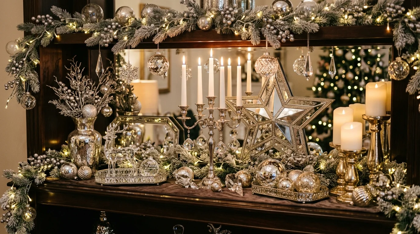 A luxury holiday shelf with crystal ornaments, mirrored decor pieces, silver and gold accents, and elegant white candles, sophisticated glowing ambiance, no people