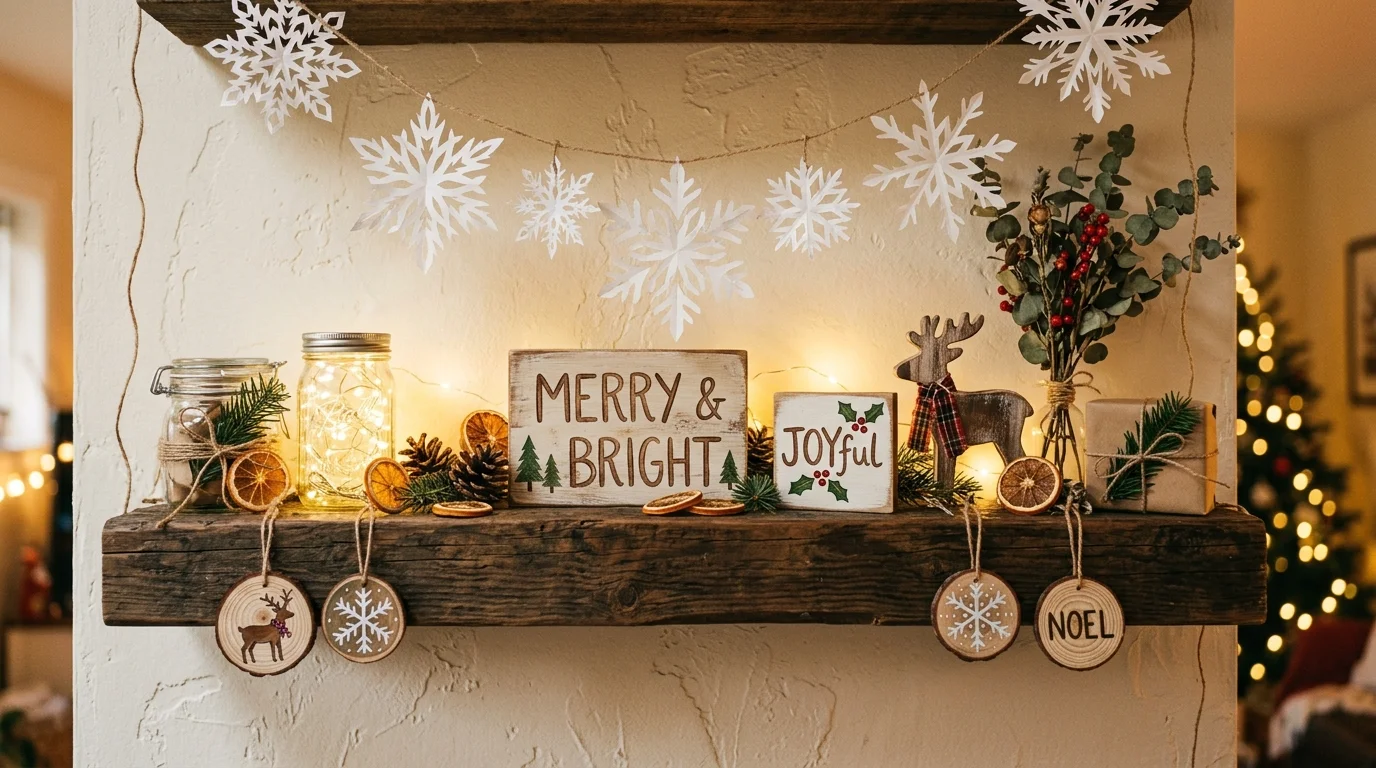 A DIY handmade Christmas shelf featuring paper snowflakes, crafted wooden signs, painted ornaments, and twine decorations, creative rustic charm, warm lighting, no people