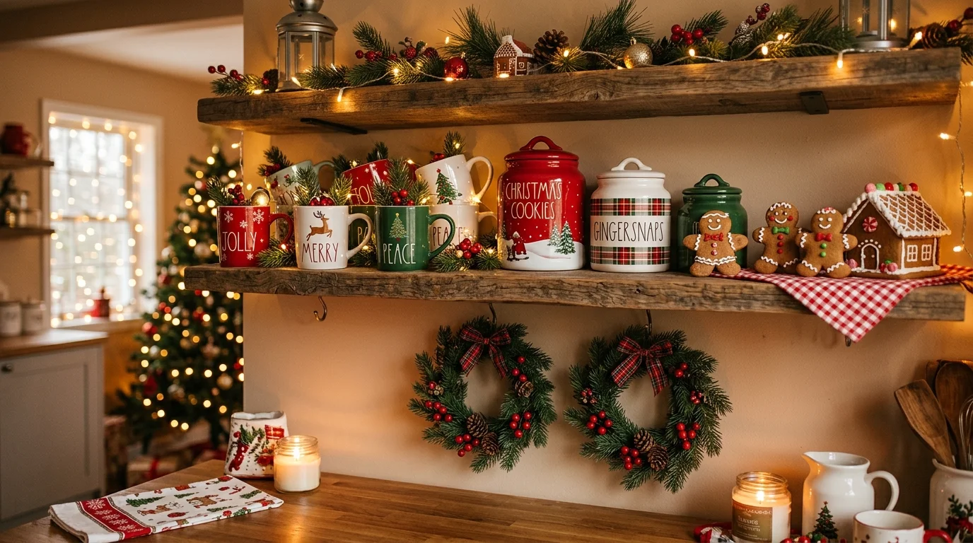 A cozy kitchen shelf decorated with Christmas mugs, cookie jars, gingerbread figures, and small wreaths, warm homey lighting, festive kitchen atmosphere, no people