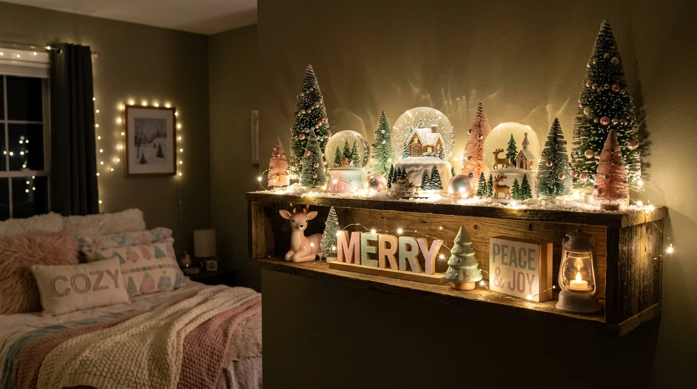 A bedroom Christmas shelf with soft fairy lights, miniature trees, snow globes, and pastel holiday decor, calm cozy atmosphere, soft nighttime glow, no people