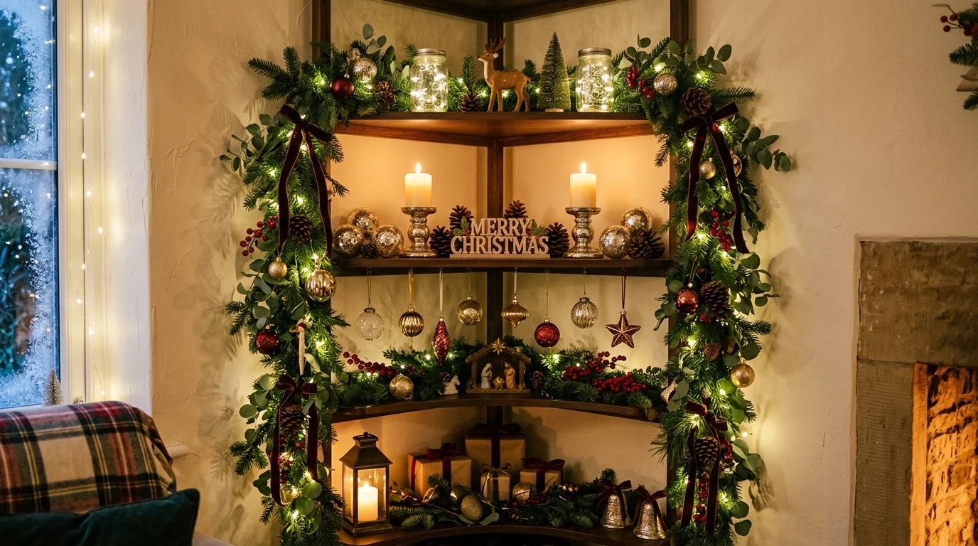 A layered corner shelf Christmas display with cascading garlands, hanging ornaments, candles, and seasonal greenery, warm ambient lighting, elegant festive composition, no people
