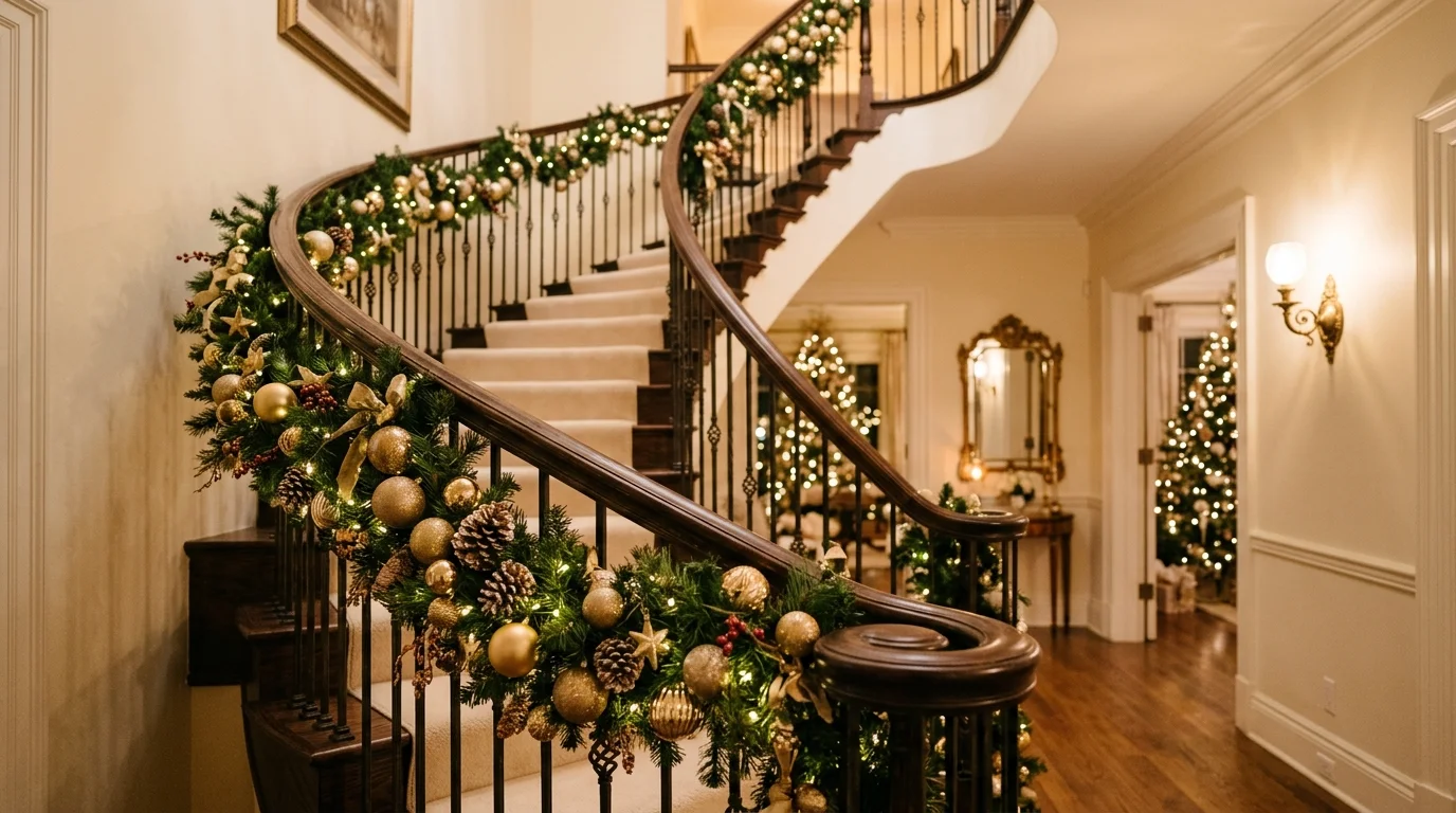 A staircase decorated with a thick garland of pine branches pinecones and gold ornaments draped along the railing warm soft lighting elegant Christmas look no people