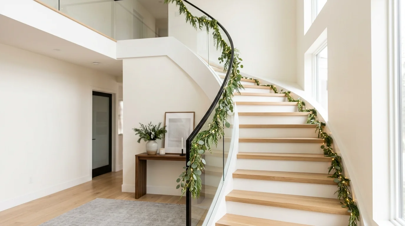 A modern staircase with minimalist greenery garland and subtle white lights bright soft lighting clean sophisticated holiday design no people