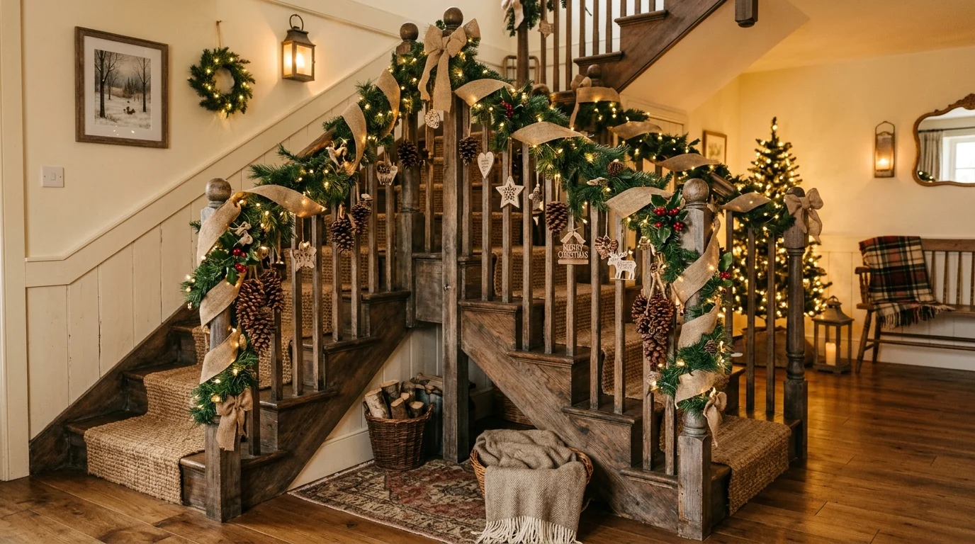 A rustic staircase with burlap ribbon wooden ornaments and pinecone accents wrapped around the banister warm lighting cozy farmhouse Christmas charm no people