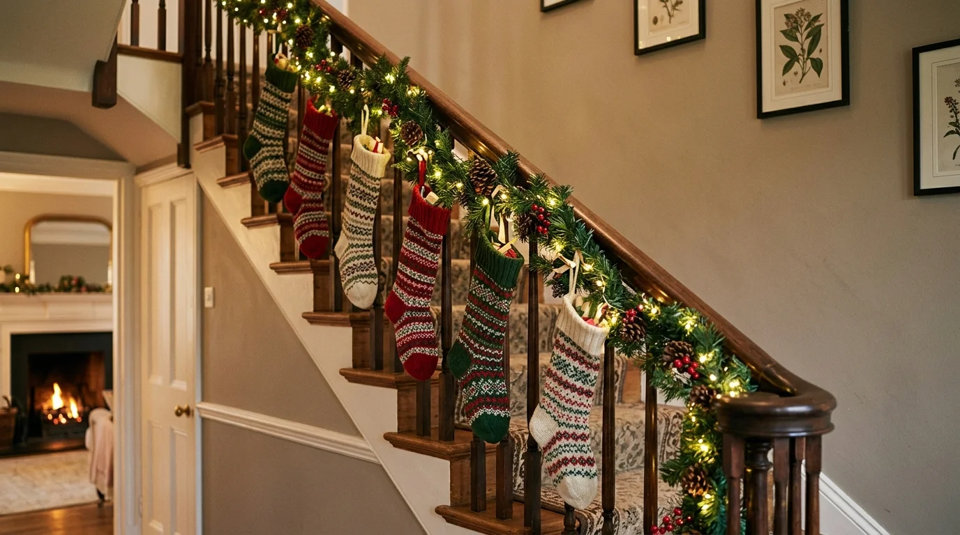 A staircase with hanging stockings evenly spaced along the railing paired with greenery garland soft warm lighting classic festive styling no people