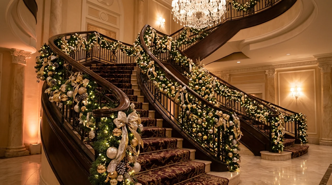 A glamorous staircase decorated with gold and silver ornaments ribbon garlands and twinkling lights soft lighting luxurious holiday ambiance no people